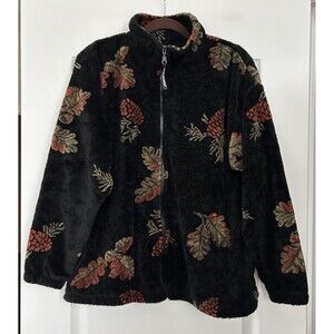 Vtg Black Mountain Outdoor Zip Fleece Jacket Womens M Black Pinecones Nature USA
